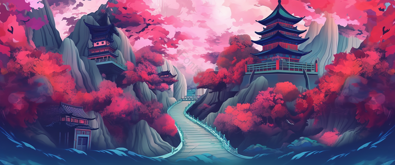 国潮风古建筑新中式背景,插画/手绘图,插画/手绘图库,插画/手绘图下载,插画/手绘